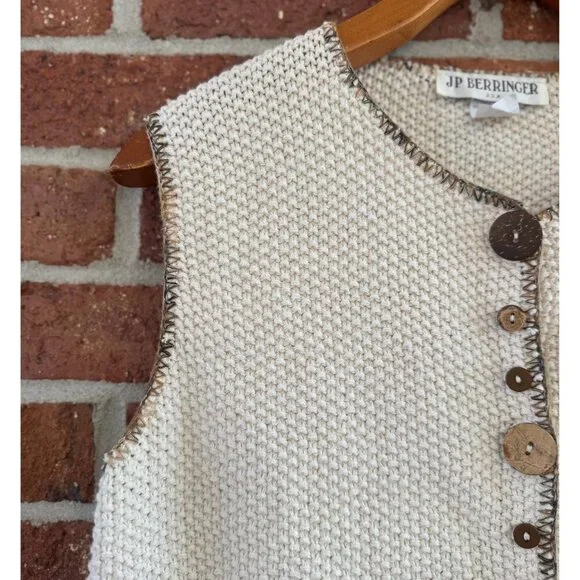 Vintage JP Berringer USA Cotton Sweater Vest Button Front Cream Size L - Picture 7 of 11